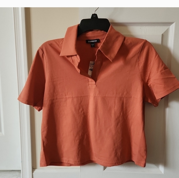 Express V-Neck Short Sleeve Polo Top Medium Orange - Picture 1 of 15